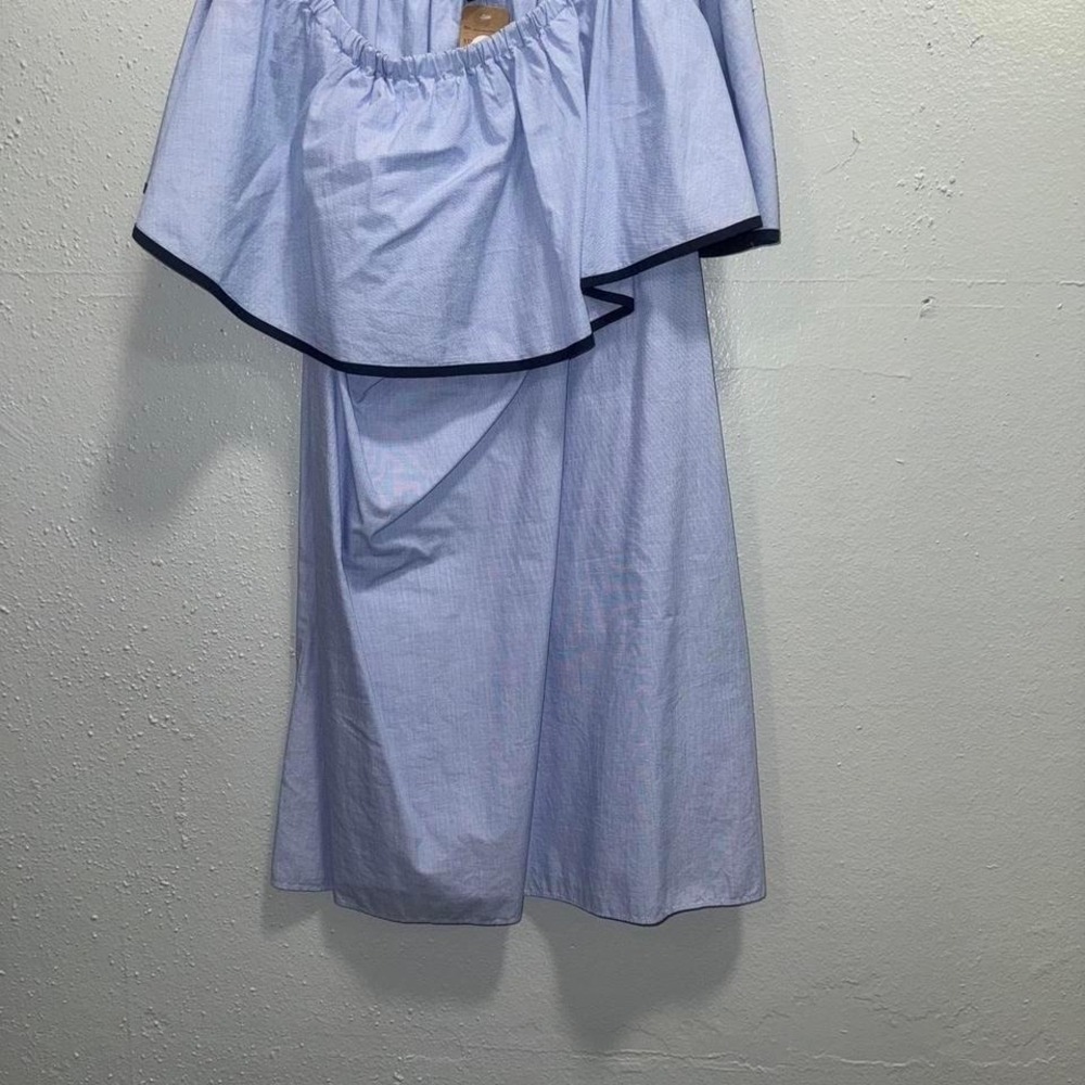 J.Crew Off the Shoulder Ruffle Mini Dress Light Blue Navy‎ Trim XS